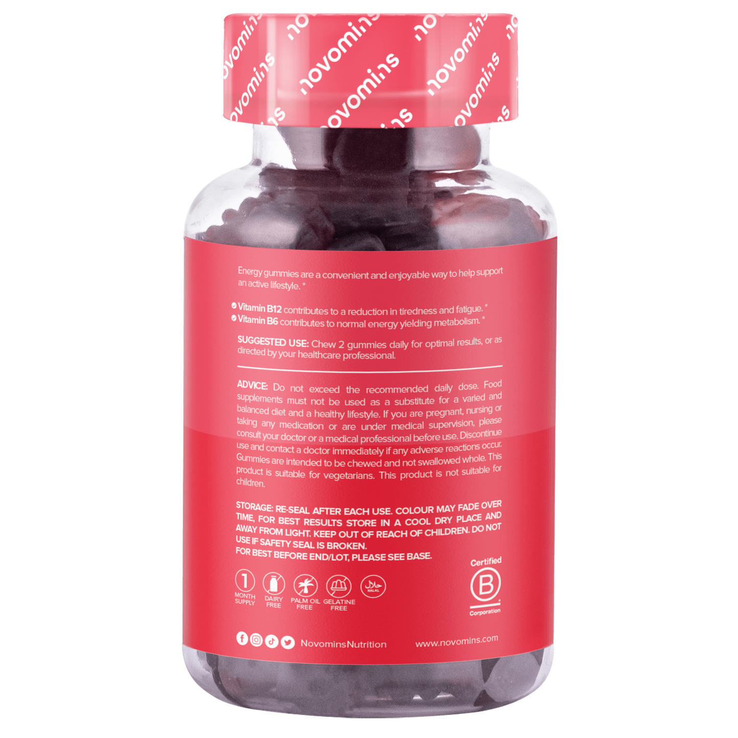 Novomins energy gummies are vegan, gluten free, cruelty-free and made with safe ingredients