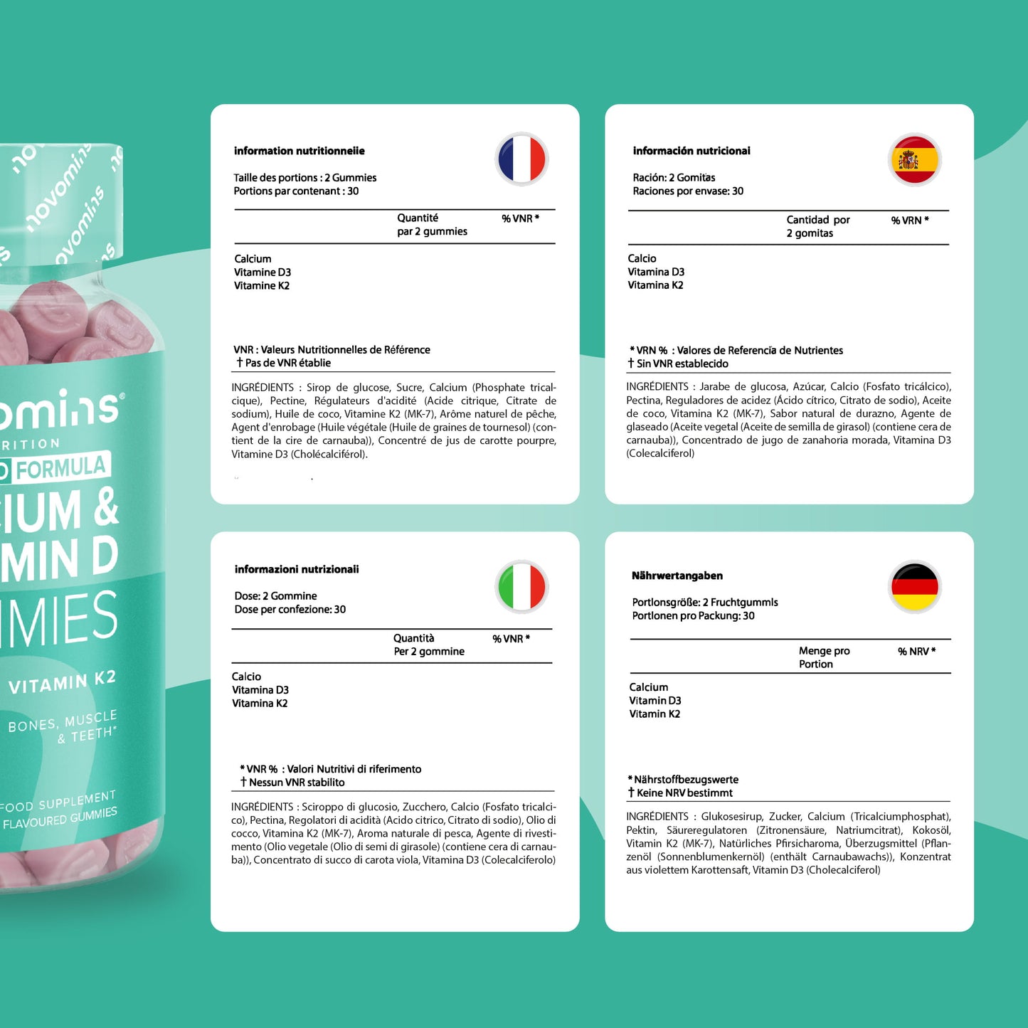 Novomins calcium & vitamin d gummies are gluten-free cruelty-free and made with safe ingredients