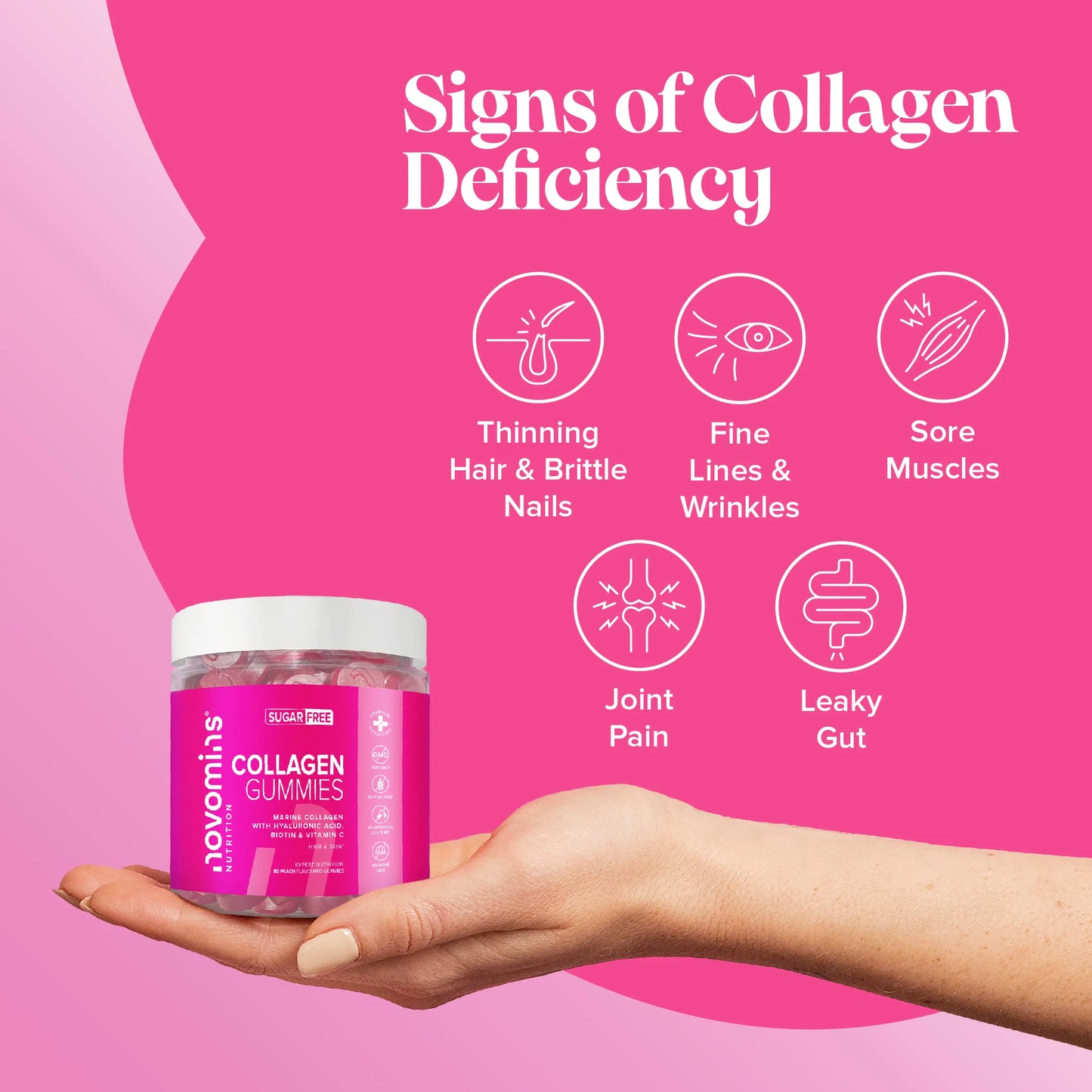 collagen peptides for healthier hair, skin, nail, muscles, and joints, reduce fine lines and wrinkles, sore muscles, and brittle nails