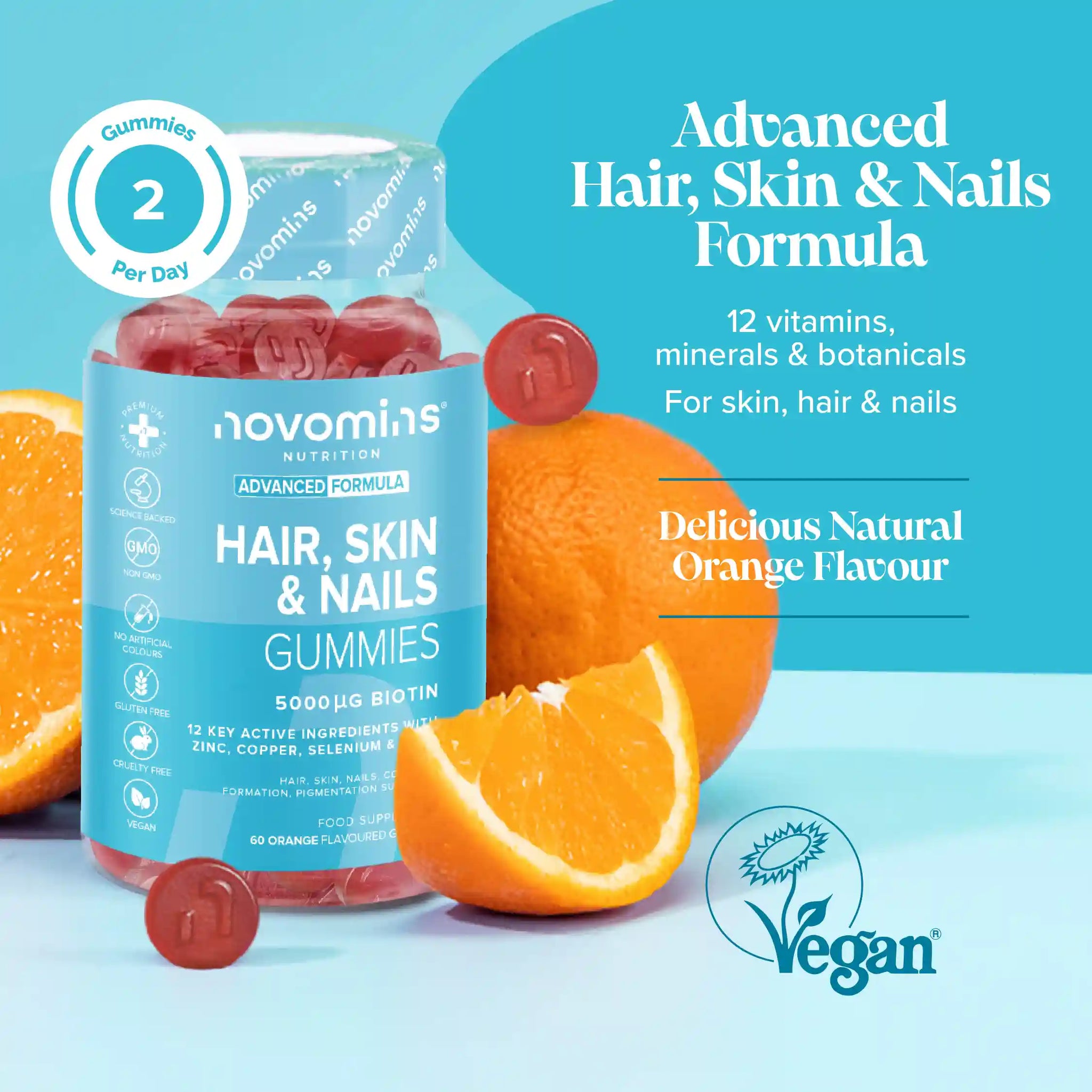 Novamins Hair, Skin & Nails Gummies with oranges on a blue background