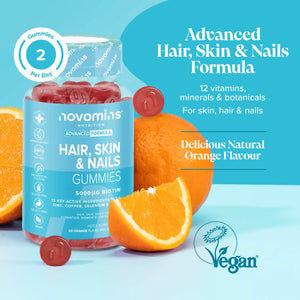 Novamins Hair, Skin & Nails Gummies with oranges on a blue background