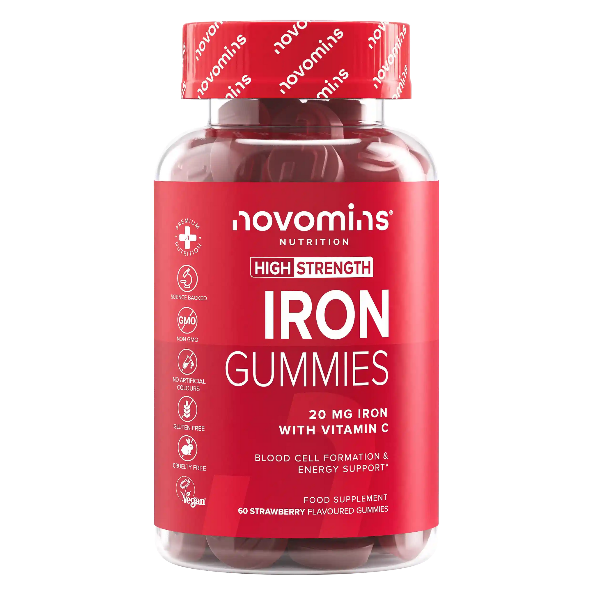 novomins iron supplements for women and men with 20 mg of iron per serving