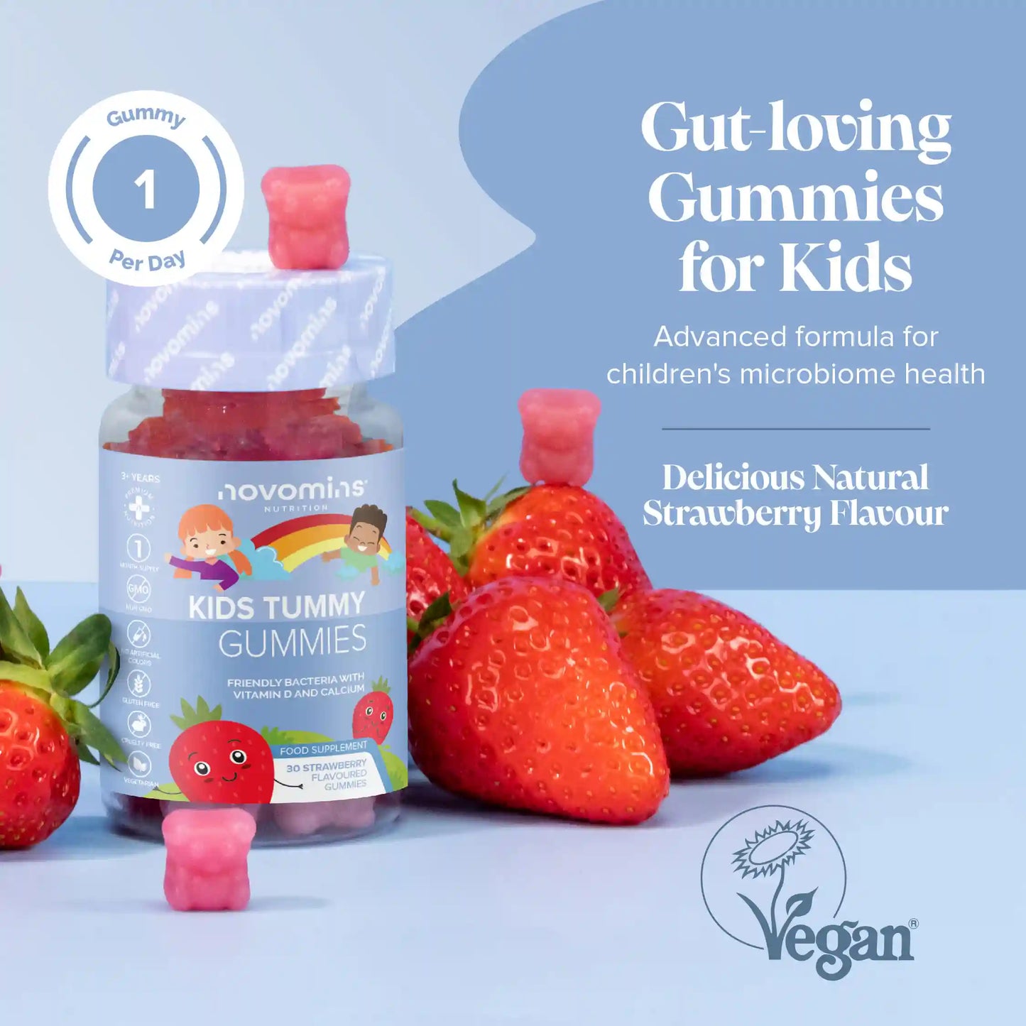 novomins probiotic gummies for kids for gut health support with delicious strawberry flavour