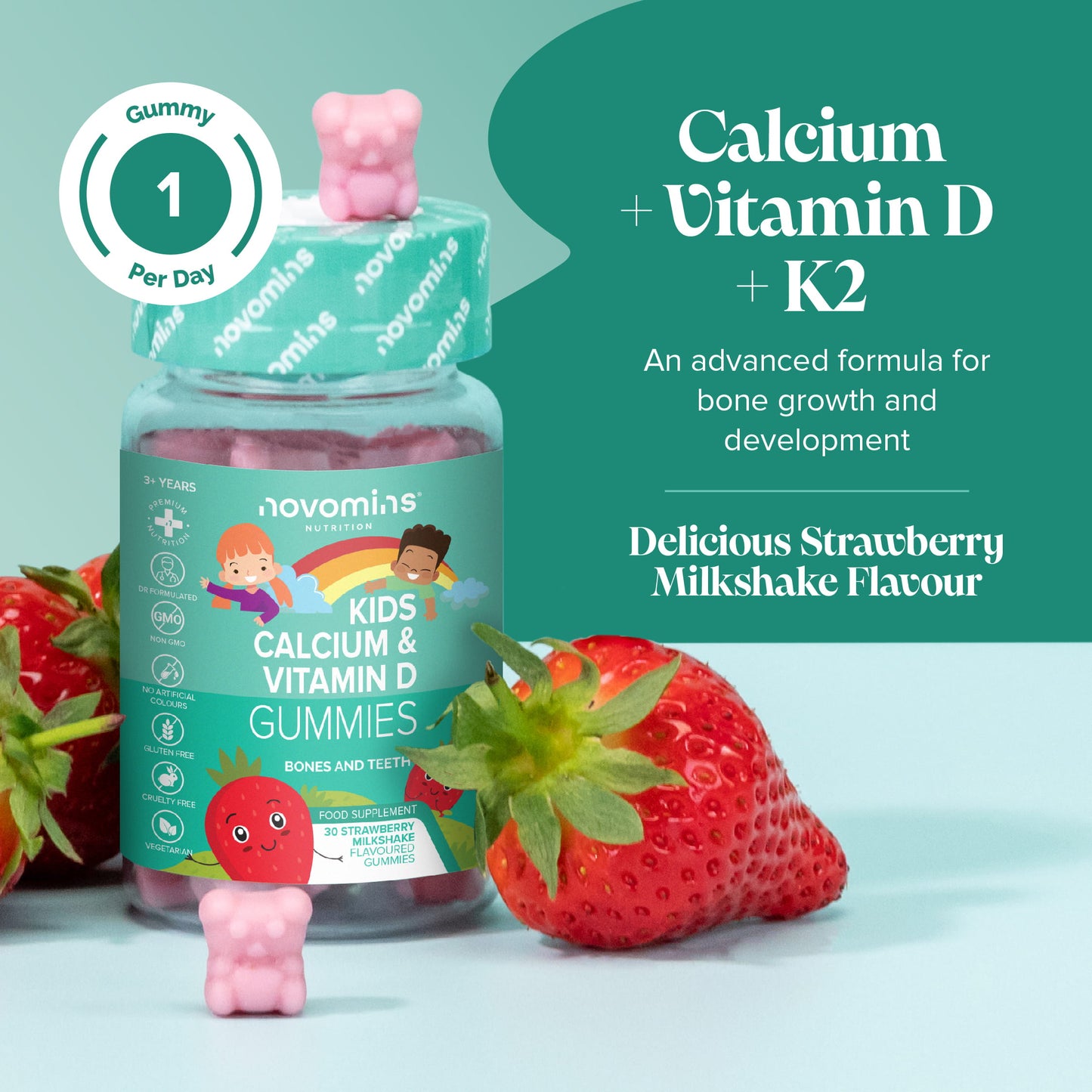 calcium with vitamin d3 and k2 for bone growth and development in delicious strawberry milkshake flavour