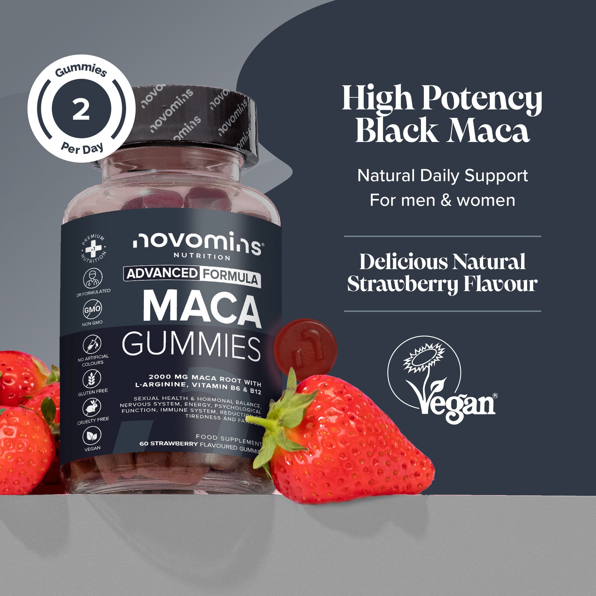 vegan high strength black maca supplement for men and women in delicious strawberry flavour