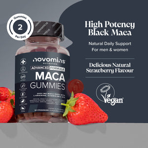 vegan high strength black maca supplement for men and women in delicious strawberry flavour