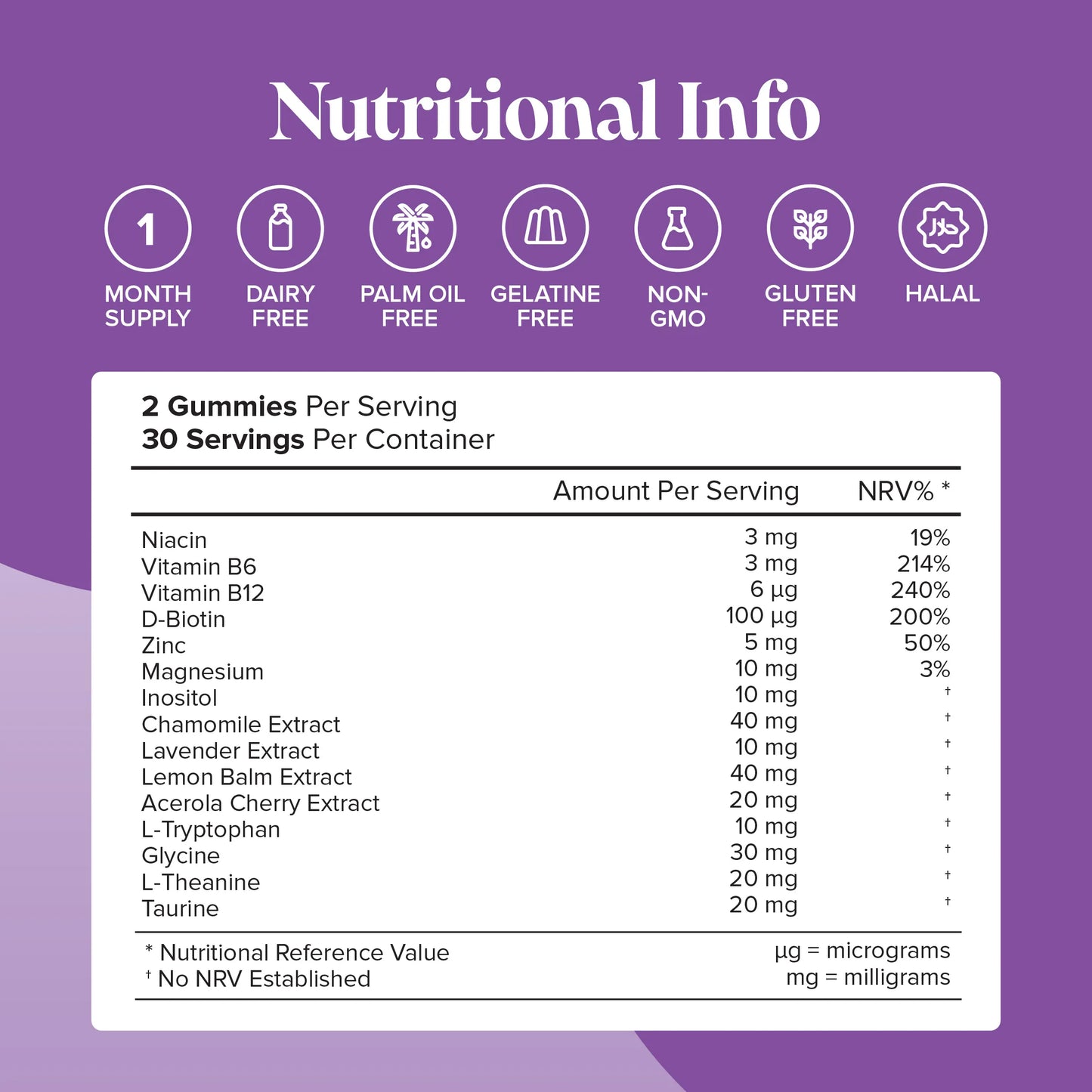 niacin vitamin b12, b6, d-biotin, zinc, magnesium, inositol, chamomile extract, lavender extract, lemon balm extract, acerola cherry extract, l-tryptophan, glycine, l-theanine, taurine