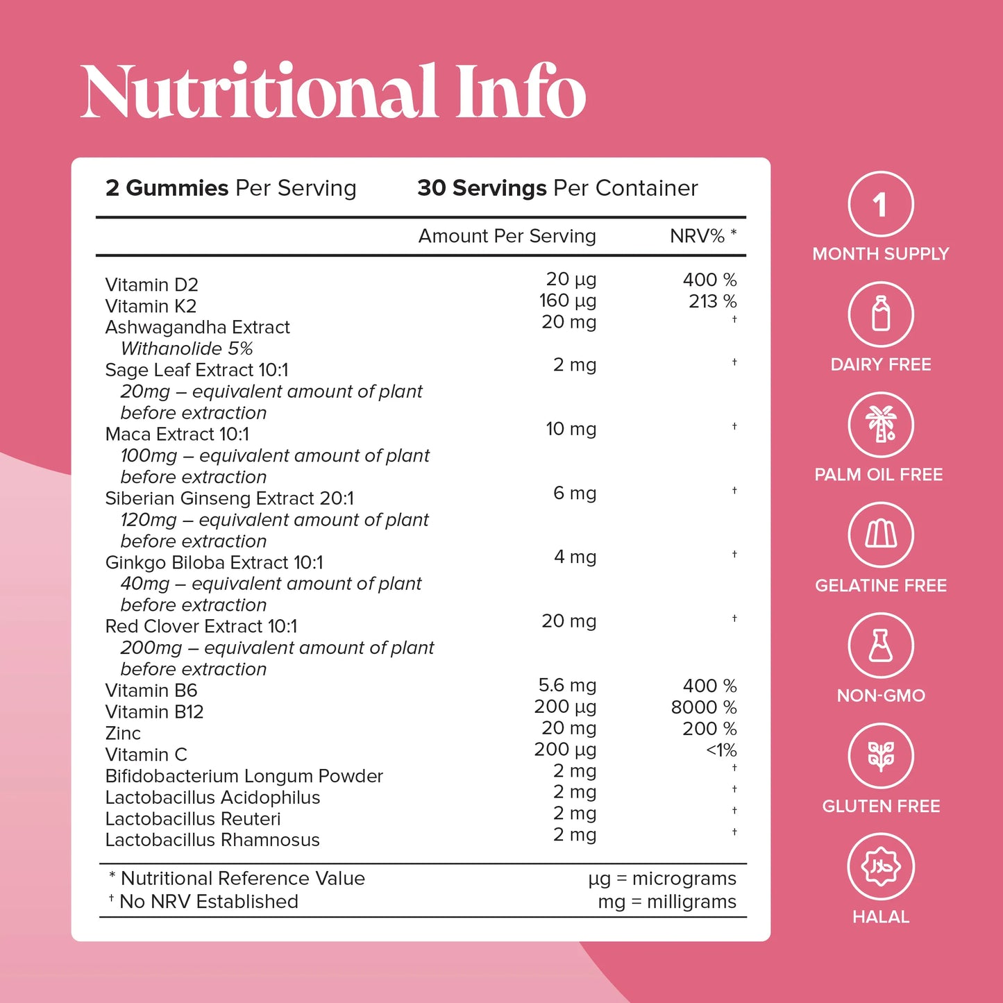 vitamin D vitamin K2 ashwagandha sage leaf maca root extract ginseng ginko biloba red clover vitamin b6 vitamin b12 zinc vitamin C lactobacillus