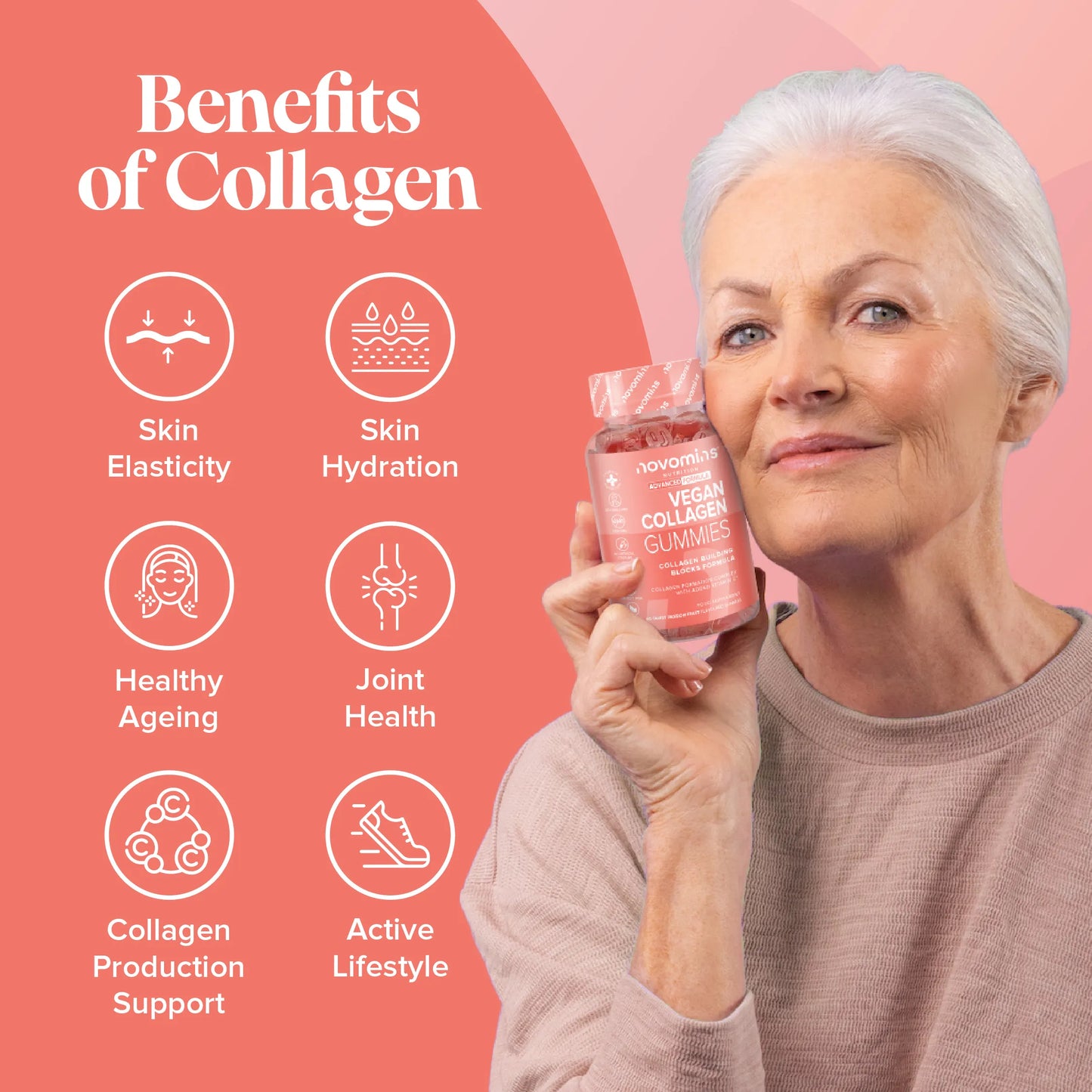 benefits of collagen supplements for women are skin elasticity, skin hydration, healthy aging, joint health, collagen production support, active lifestyle