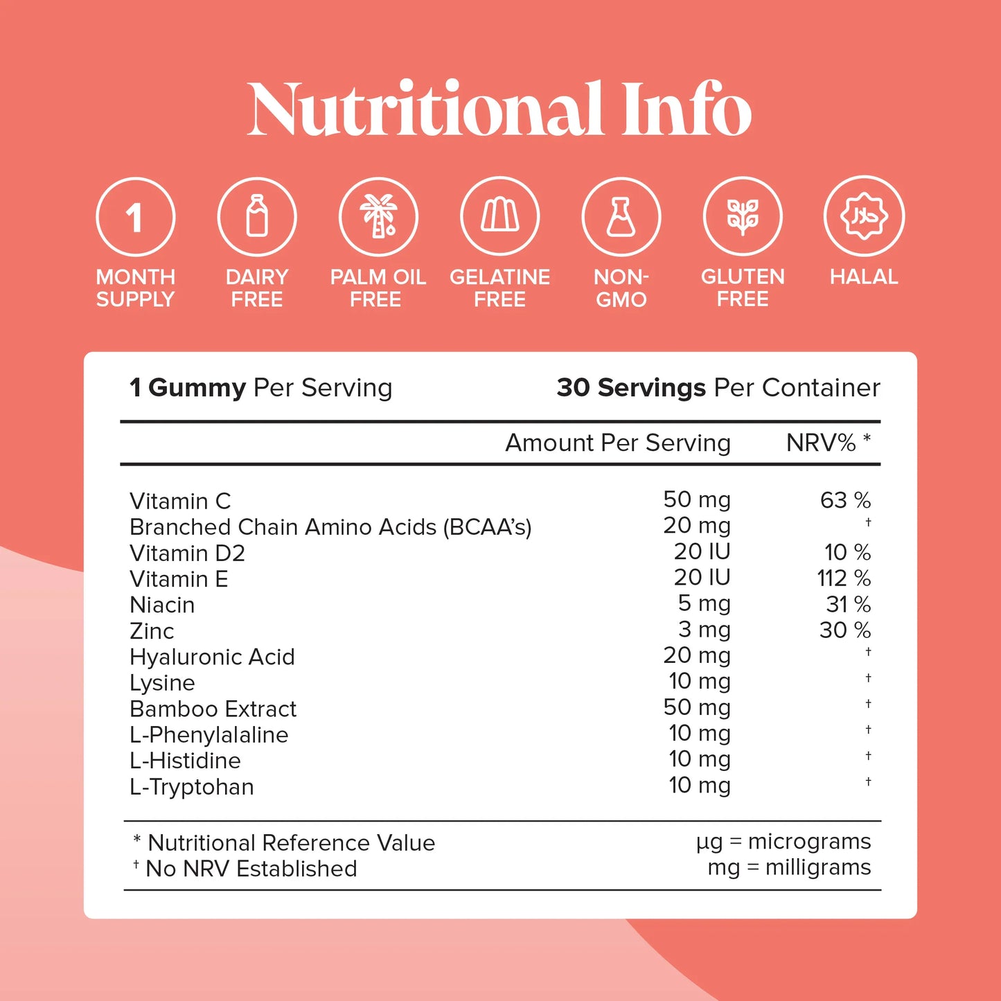 vitamin C, BCAA Amino Acids, vitamin D2, vitamin E, niacin, zinc, hyaluronic acid, lysine, bamboo extract