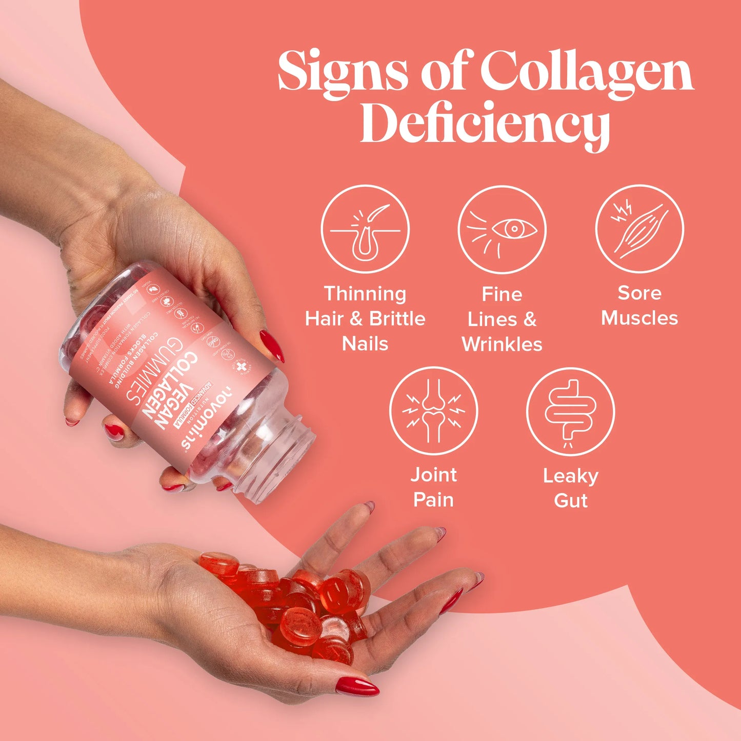 signs of collagen deficiency are thinning hair, brittle nails, fine lines, wrinkles, sore muscles, joint pain, leaky gut