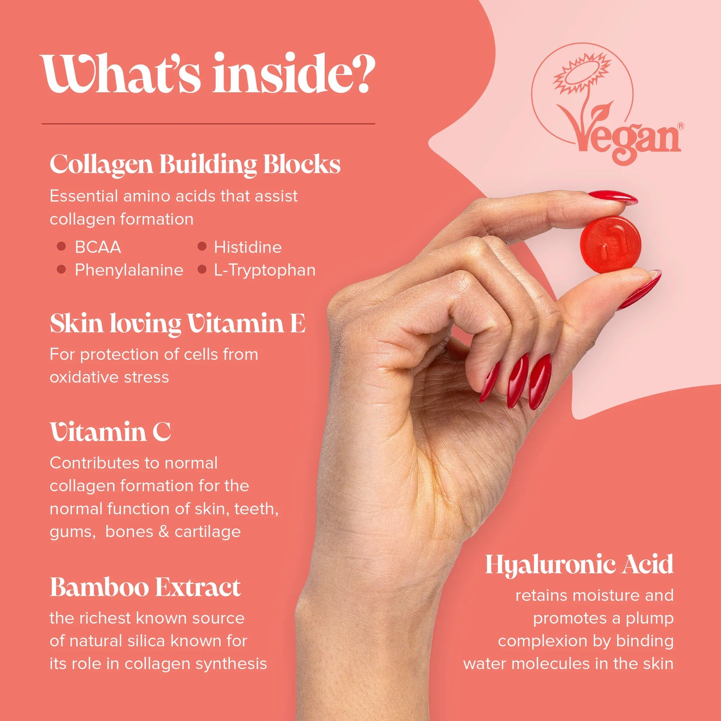 vegan collagen gummies with BCAA phenylalanine histidine l-tryptophan vitamin E vitamin C bamboo extract hyaluronic acid 