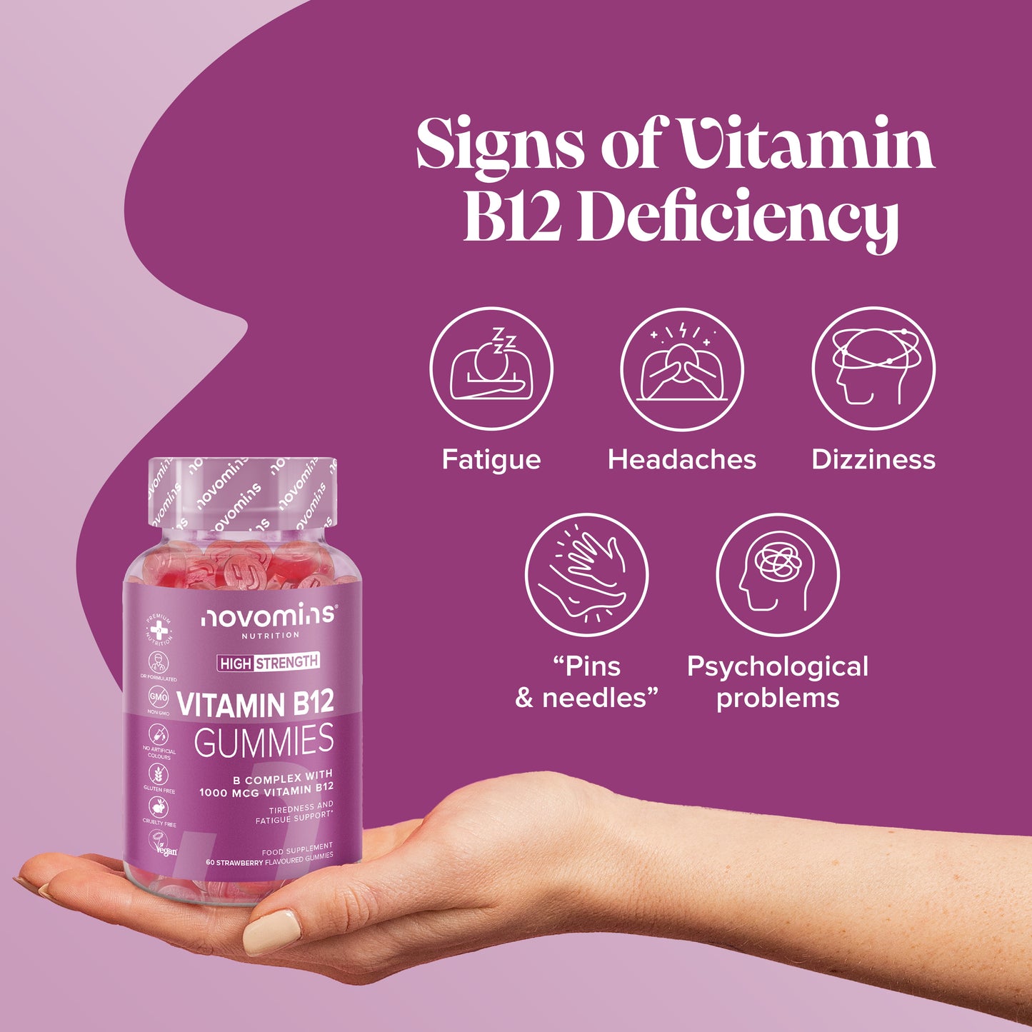 signs of vitamin b12 deficiency are fatigue, headaches, dizziness, pins and needles psychological problems