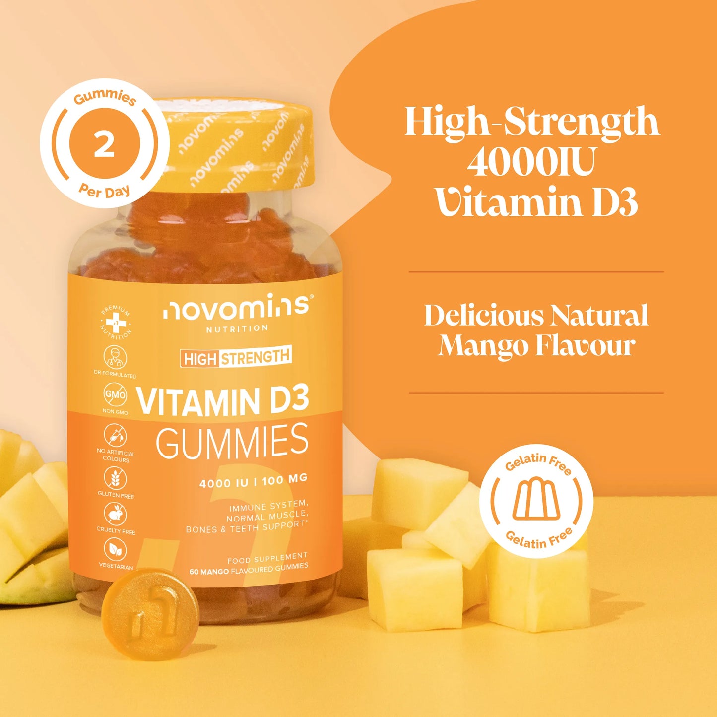 gluten free high strength 4000iu vitamin D gummies in delicious mango flavour